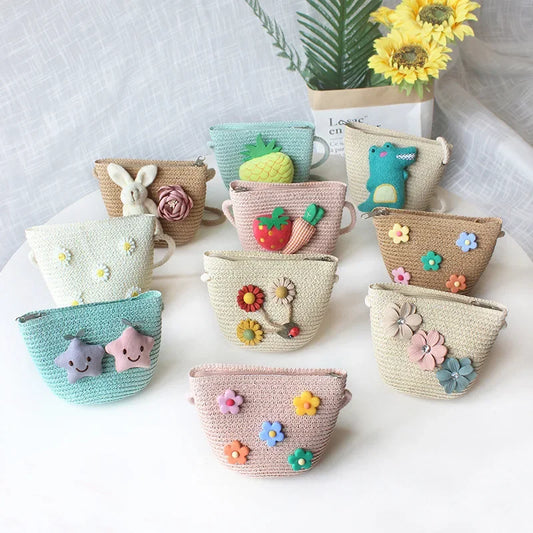 Borsa a tracolla in tessuto di paglia per bambini estivi belle ragazze borse portamonete piccole borse a tracolla per bambini Mini portafoglio principessa