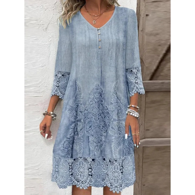 Abiti estivi di moda 2024 Estate Nuovo modello 3D Splicing in pizzo Scavato Abito longuette Casual Abiti a maniche corte Lady Vestido