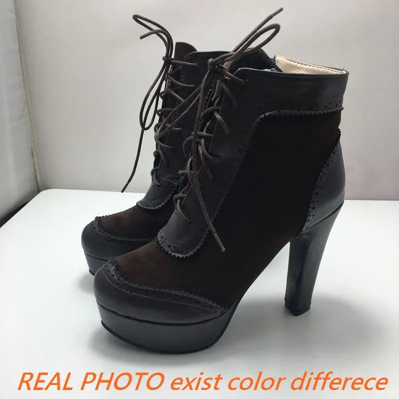 REAVE CAT Ankle Boots Lace Up Flock Platforms Round Toe Block Heel Short Plush Black Yellow Grey A4506