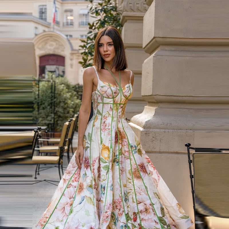 Elegante Abito Midi Stampato da Donna con Collo a O, Maniche Corte a Sbuffo, Vita Alta e Pieghe - Vestito Femminile Chic Nuovo 2026 per Matrimoni