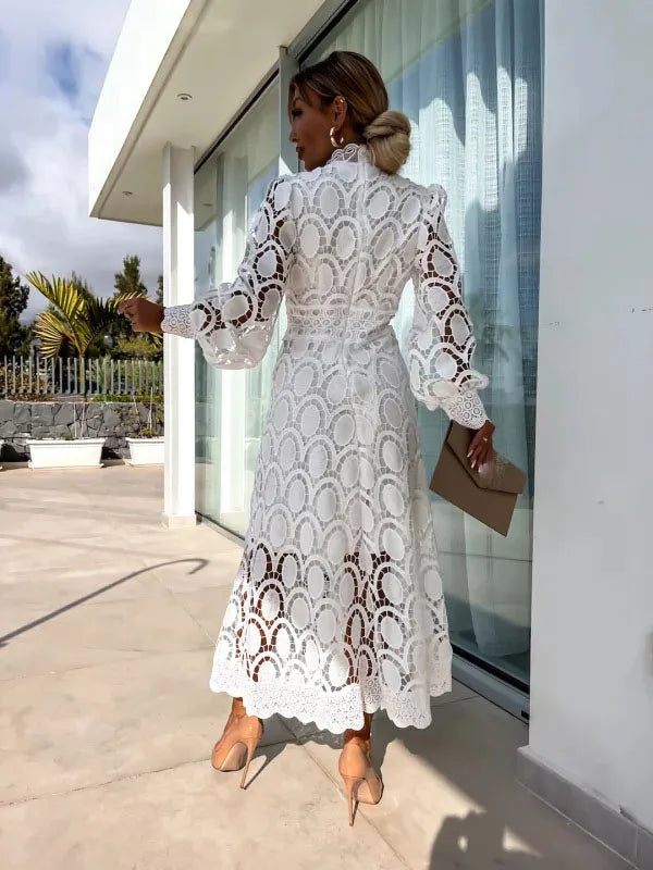 Abito lungo con maniche a sbuffo in pizzo da donna 2025 Primavera elegante nuovi abiti slim a vita alta con colletto alla coreana alla moda