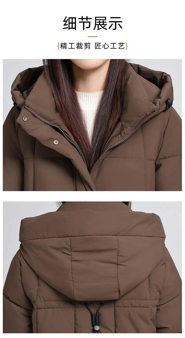 Caldo piumino in cotone da donna Inverno 2025 Nuova versione coreana Cappotto lungo con cappuccio allentato Cappotto Parka spesso antivento femminile