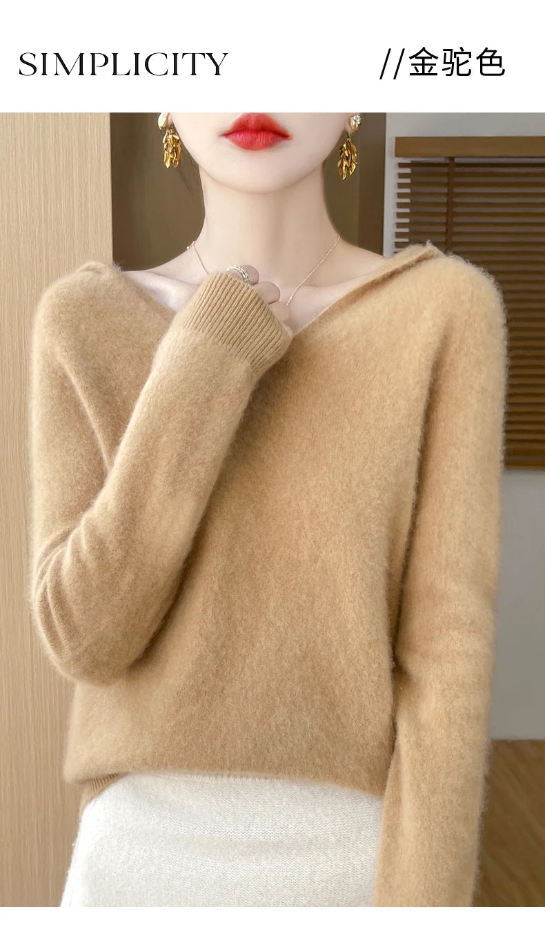 Abbigliamento donna autunno inverno colletto con cappuccio pullover maglione di lana merino 100% nuova moda top in cashmere che tocca il fondo maglieria morbida