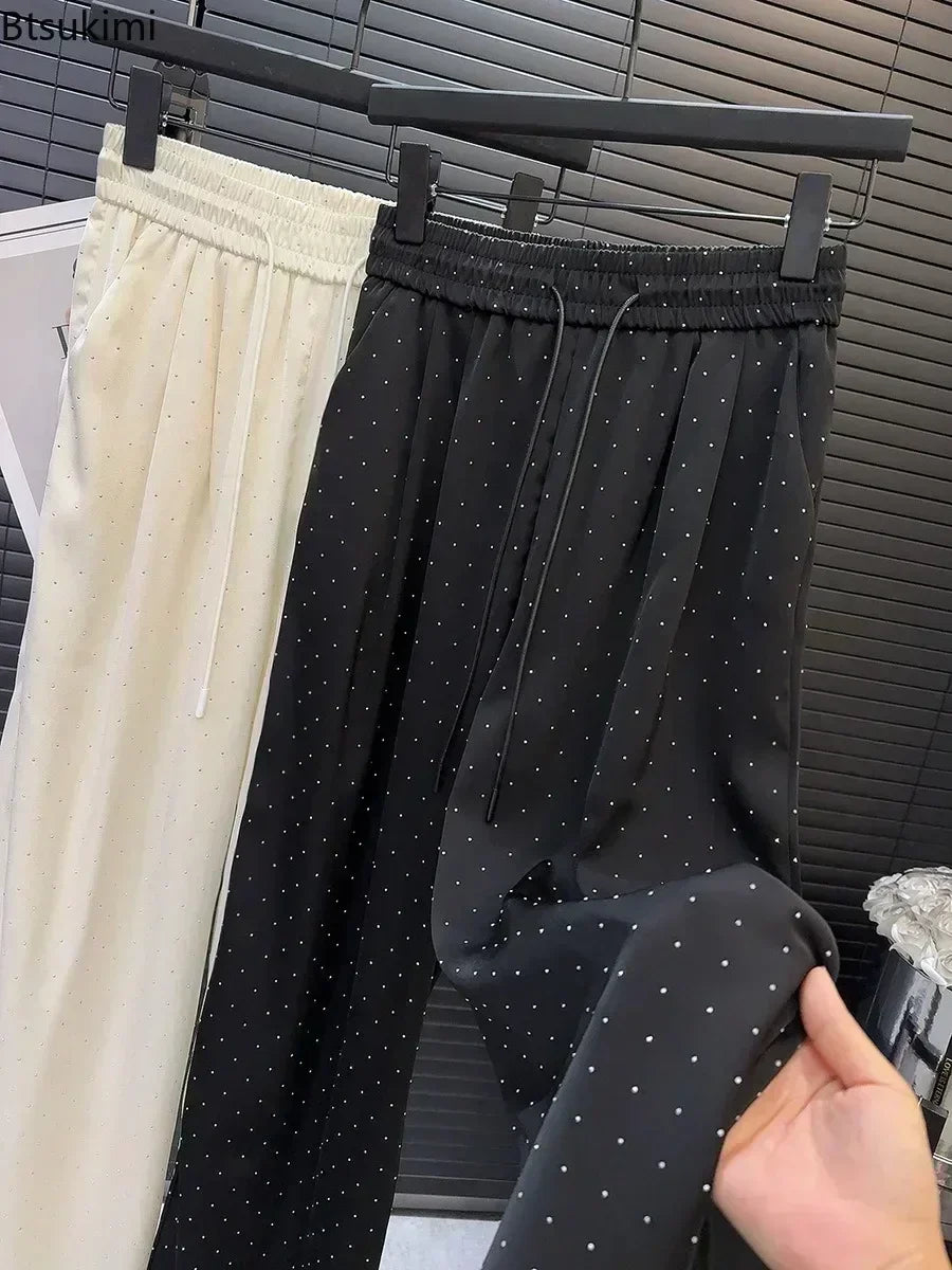 2026 Pantaloni a gamba larga con strass pieni di lusso di alta qualità Moda nuovi pantaloni dritti a vita alta con coulisse Pantaloni casual da donna