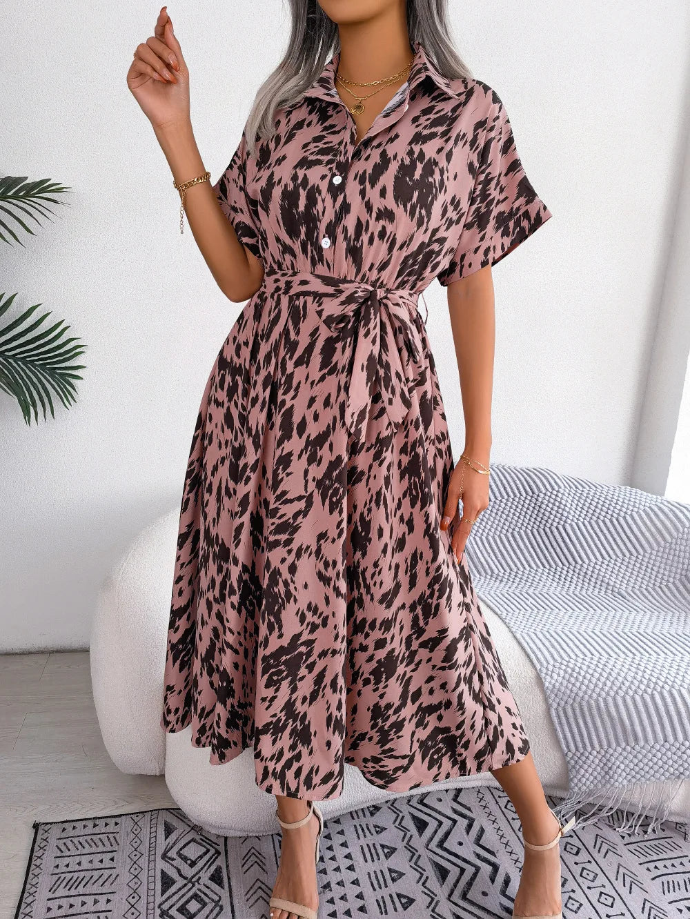Ficusrong donna estate Casual allentato leopardo Lace Up camicia vestito per le signore moda tutti abbinati abiti Chic