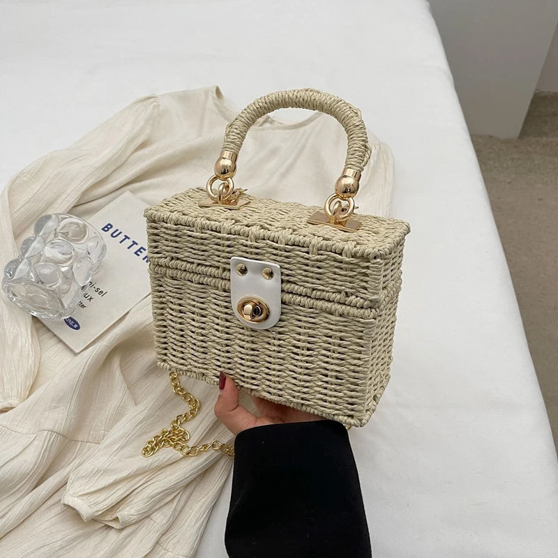 Borsa a tracolla in paglia di rattan Borsa a tracolla intrecciata a mano da donna Borsa a tracolla in paglia con scatola quadrata da spiaggia estiva per signora Bolsa Feminina