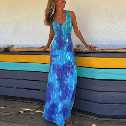 Robe longue d'été sexy, robes de plage d'été pour femmes, élégante robe de soirée imprimée tie-dye sans dos 2024