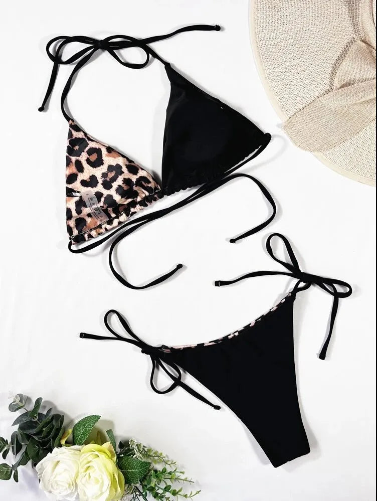 Ladies' leopard print contrasting bikini set comfortable colored lace up swimsuit  perfect bikini suitable for beaches and swim