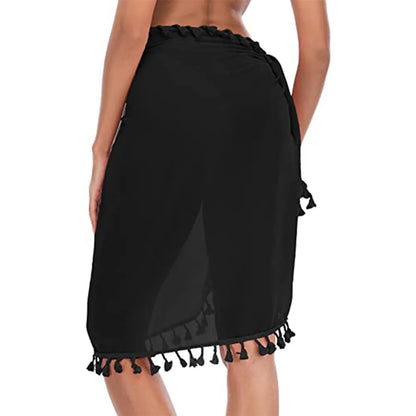 Copricostume da bagno per donna Sarong Beach Bikini Wrap Sheer gonna corta sciarpa per costumi da bagno con nappa