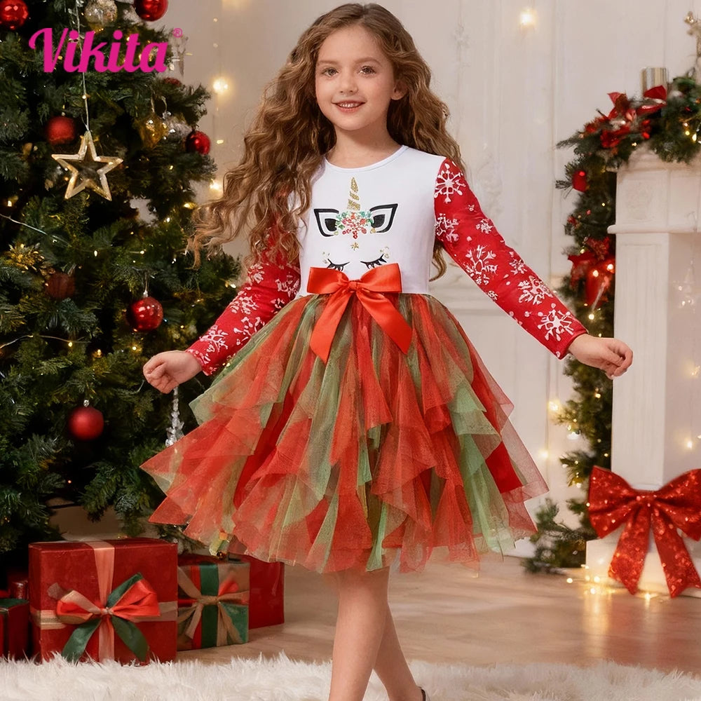 VIKITA Abito da bambina con unicorno natalizio Abito da tutù con stampa fiocco di neve a maniche lunghe per bambini con gonna in tulle a strati rosso verde per Natale