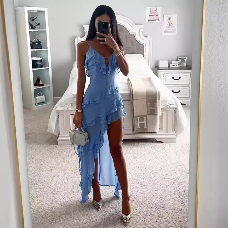 Summer Hot  Sexy Camisole Fashion Asymmetric Irregular Solid Color V-neck Dress Formal Tie Holiday Beach Dress