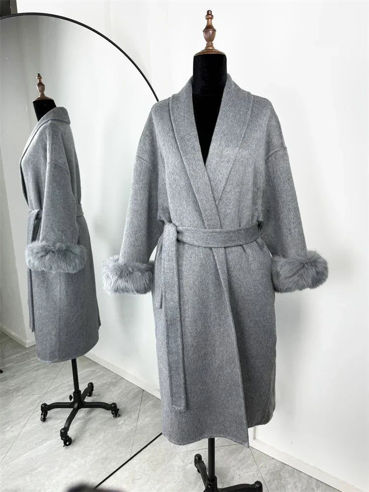 Cappotto di lana patchwork in pelliccia solida Moda donna Manica intera Scollo a V Con lacci Cappotto lungo allentato Autunno Ufficio Pendolarismo Lady Outwear