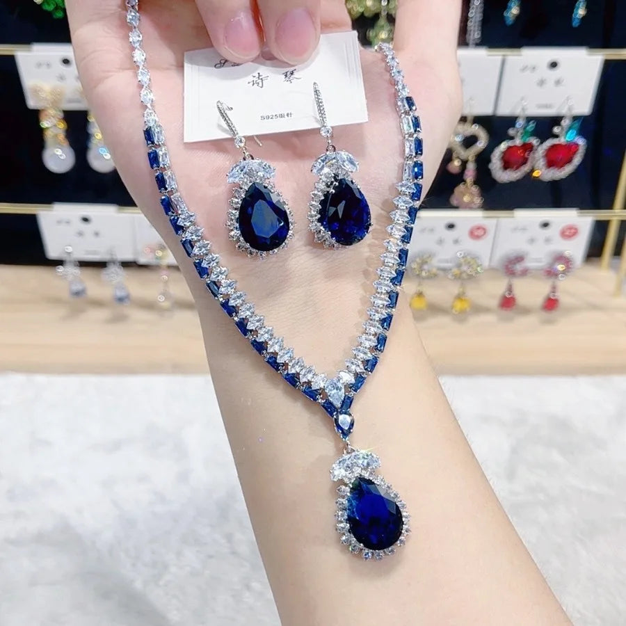 Ensemble Collier Boucles d'Oreilles de Luxe Gouttes Bleues Zircon Tendance Mode Féminine 2025