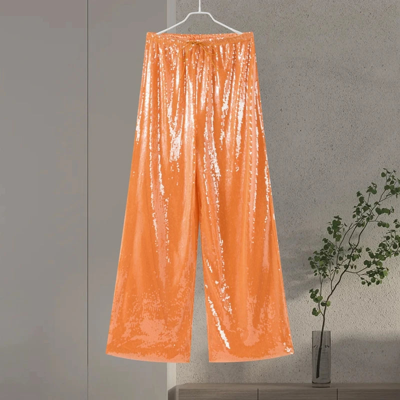 Pantaloni da donna con paillettes, vita bassa elastica, gamba larga, con lacci, estivi 2026, lucidi, vestibilità ampia, per club e feste
