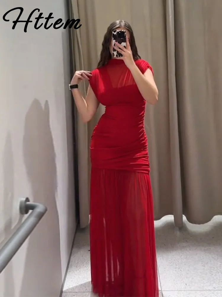 Maglia sexy vedere attraverso lungo abito rosso senza maniche piega patchwork a-line maxi abiti da festa femminile 2025 estate signora abiti slim