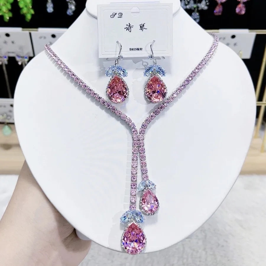 Ensemble Collier Boucles d'Oreilles de Luxe Gouttes Bleues Zircon Tendance Mode Féminine 2025