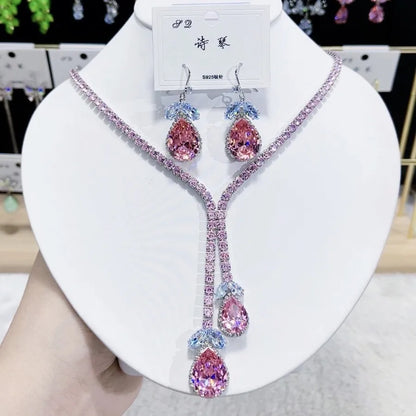 Ensemble Collier Boucles d'Oreilles de Luxe Gouttes Bleues Zircon Tendance Mode Féminine 2025