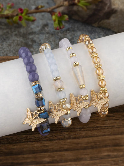 Set di braccialetti con perline a farfalla alla moda da 4 pezzi per le donne, perline acriliche rosa, braccialetto a catena elastica, regalo di gioielli per feste bohémien femminili