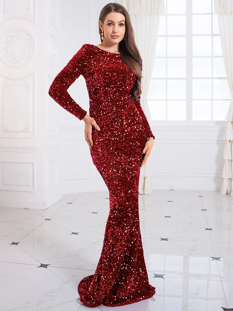 Romagic Donna Modesto Stretch Paillettes O Collo Abito da ballo da sera Abiti lunghi da festa Abito elegante da cena formale a sirena a maniche lunghe