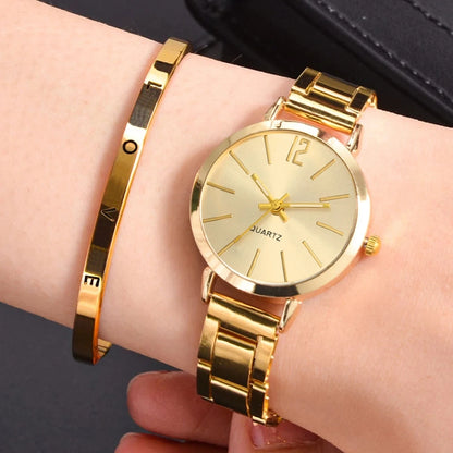 Set da 2 pezzi orologio da donna di lusso quadrante semplice cinturino cavo moda braccialetto in oro orologio da polso al quarzo orologi da donna per studenti Reloj Mujer