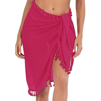 Copricostume da bagno per donna Sarong Beach Bikini Wrap Sheer gonna corta sciarpa per costumi da bagno con nappa