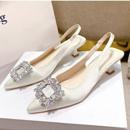 Sandales d'été pour femmes, nouvelles chaussures pour femmes, chaussures pointues à bout ouvert, chaussures à diamants roses Nude, chaussures à talons bas avec bride arrière, chaussures habillées pour femmes