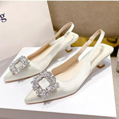 Sandales d'été pour femmes, nouvelles chaussures pour femmes, chaussures pointues à bout ouvert, chaussures à diamants roses Nude, chaussures à talons bas avec bride arrière, chaussures habillées pour femmes