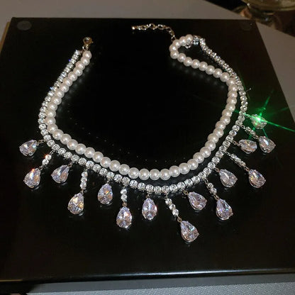 Collane girocollo di lusso con strass e cristalli per donna, collana a più strati con perle finte per feste e matrimoni, gioielli K-