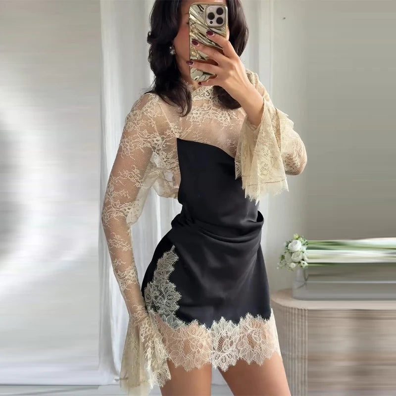 Sexy profondo scollo a V patchwork di pizzo con paillettes abito lungo da donna sottile senza maniche backless hip pacchetto abiti 2026 primavera abito da festa della signora