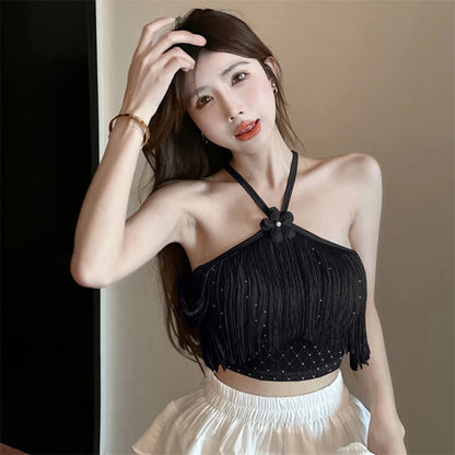 Summer Sexy Tassel Halter Camisole Women Solid Color Sleeveless Slim Tank Top