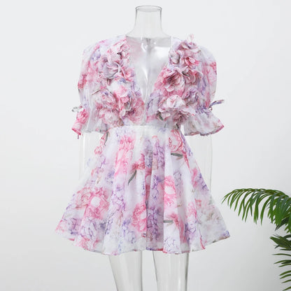 Donne Tie-dye 3D Fiore Con Scollo A V Completa Senza Maniche Mini Abiti Moda Sottile Stampato Multi Pieghettato Abiti New Lady Holiday Wear