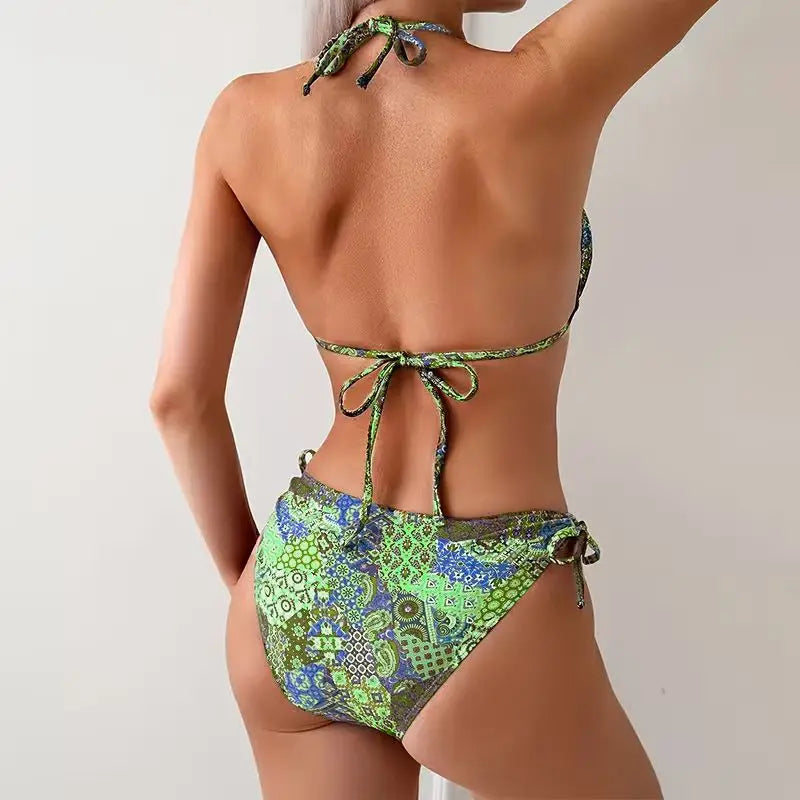 Damen Bikini-Set mit Rüschen, Blumendruck und Bügel, verstellbaren Nacken- und Rückenbändern, sexy zweiteilige Strandbekleidung