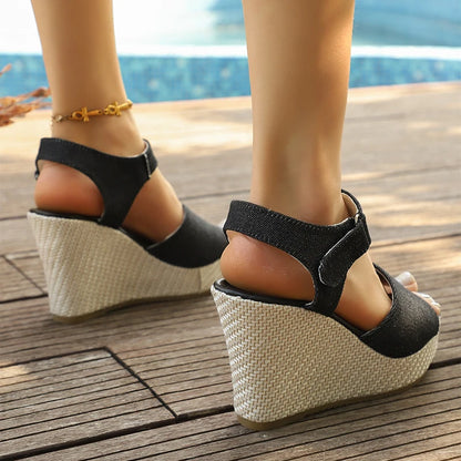 Sandales d'été compensées à talon haut pour femmes, Talon super haut 10 cm, Sandales décontractées à lanière de cheville et plateforme, Grandes tailles 43