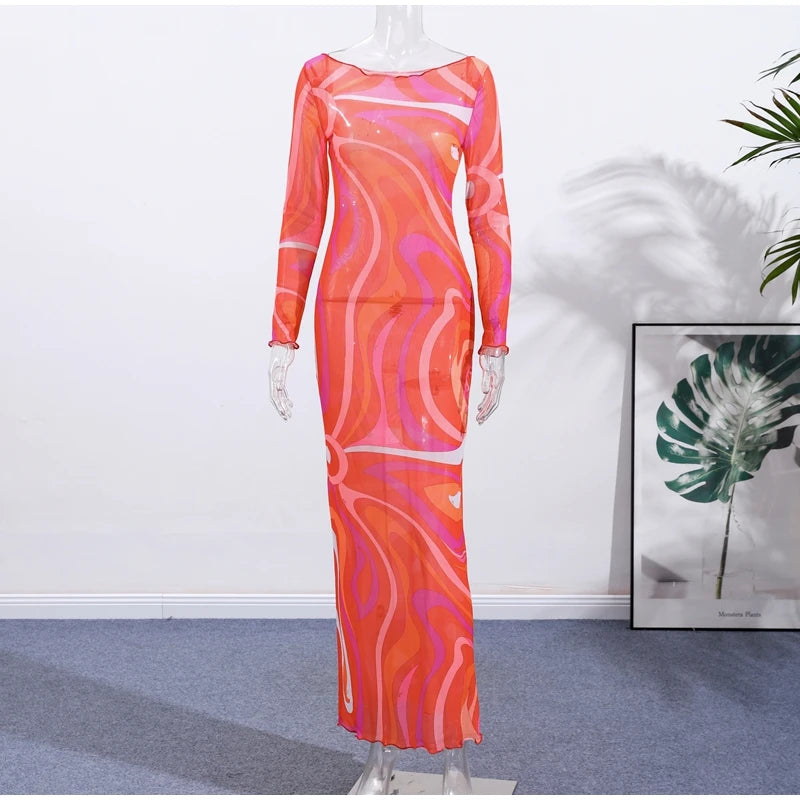 Abito lungo aderente aderente in rete trasparente da donna sexy Stampa chic senza maniche Slim Fit Abiti lunghi per le vacanze al mare Abito femminile quotidiano casual