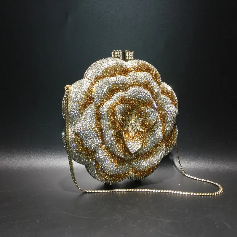Pochette da sera con strass rosa/verde con fiore rosa Borse da sera da donna in cristallo giallo floreale Pochette da sposa per festa di nozze