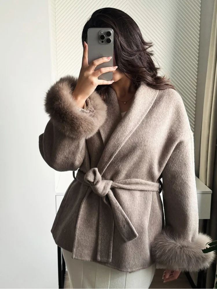 Cappotto di lana patchwork in pelliccia solida Moda donna Manica intera Scollo a V Con lacci Cappotto lungo allentato Autunno Ufficio Pendolarismo Lady Outwear