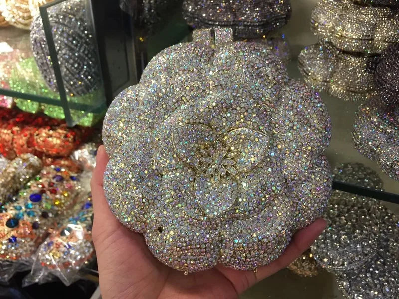 Pochette da sera con strass rosa/verde con fiore rosa Borse da sera da donna in cristallo giallo floreale Pochette da sposa per festa di nozze
