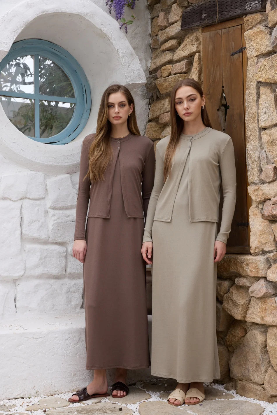 Completo estivo da donna AS SS26, cardigan + abito lungo, tessuto a costine in fibra naturale, abbigliamento super confortevole.