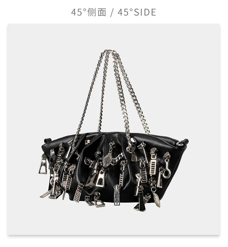 Borsa per ascelle con gnocchi increspato stile punk 2025 Borse a tracolla da donna con decorazione per la testa con cerniera multipla Borse Y2K per ragazza piccante