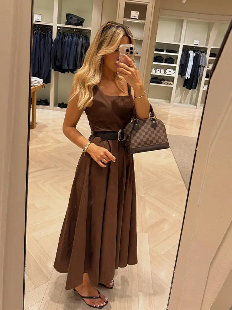 Cintura di moda Piega Abito lungo Donna Colletto quadrato Senza maniche Backless A-line Party Maxi Abiti 2025 Summer Office Lady Vestidos