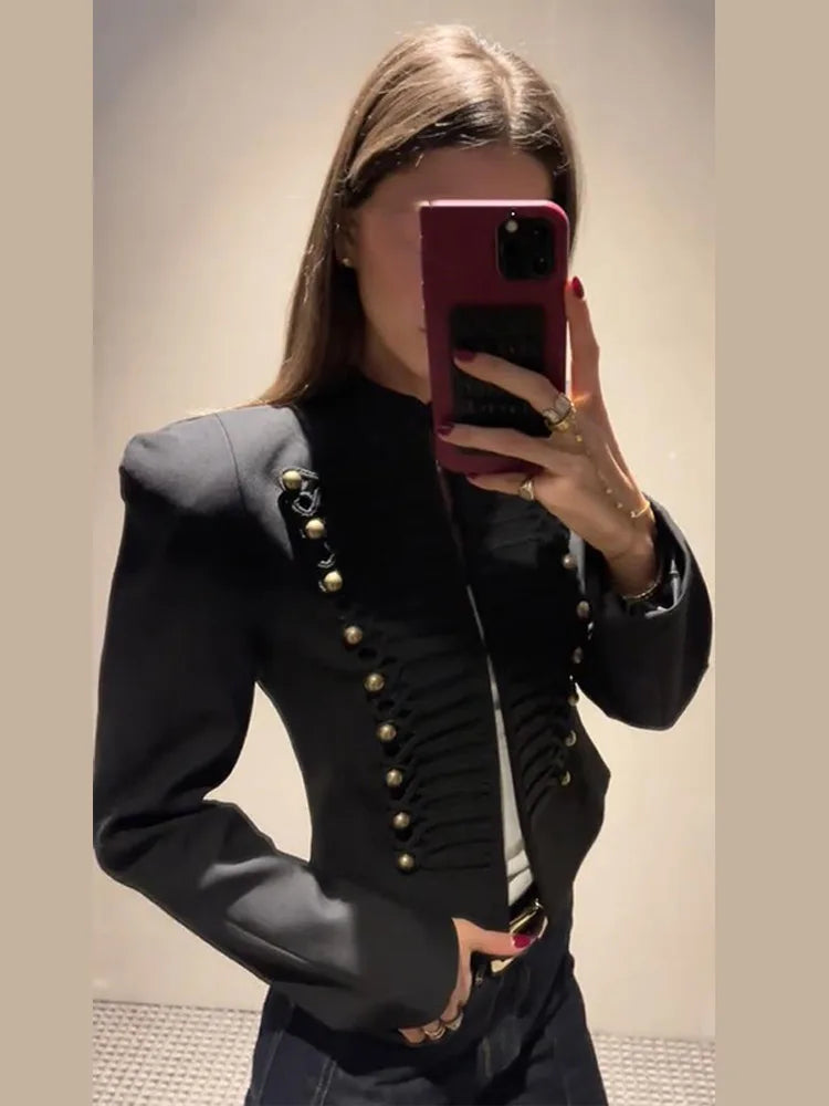 Giacca Primaverile da Donna, Blazer Corto Stile Militare, Top con Bordo in Corda Intrecciata, Bottoni Dorati, Spalle Imbottite, Abbigliamento Femminile