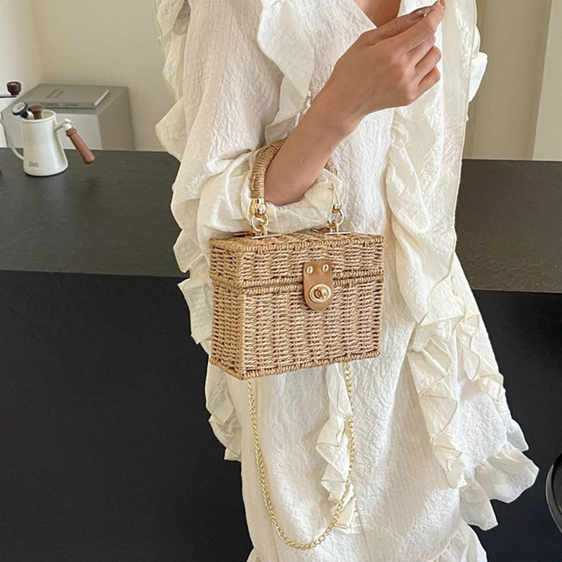 Borsa a tracolla in paglia di rattan Borsa a tracolla intrecciata a mano da donna Borsa a tracolla in paglia con scatola quadrata da spiaggia estiva per signora Bolsa Feminina
