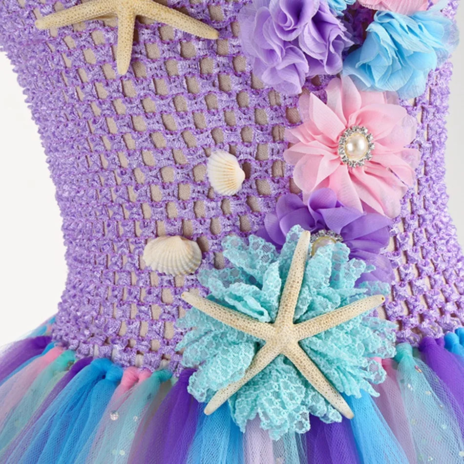 Abito tutù a sirena per ragazze sotto il mare Costumi di carnevale per feste di compleanno a tema con fascia per fiori Abiti per Halloween oceano 1-12 anni
