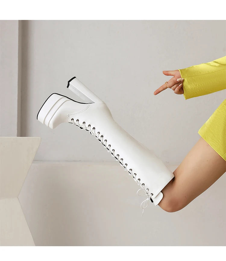 Cross-Tied Punk Style Super Chunky Heel Three-Layer Platform Women's Long Boots Side Zip Plush Lining Winter Knee-High Boots