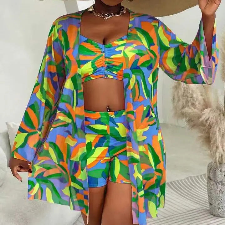 L-4XL Plus Size Set da 3 pezzi Bikini Cover Up Costume da bagno push up da donna Estate Mujer Costumi da bagno con controllo della pancia Set bikini oversize