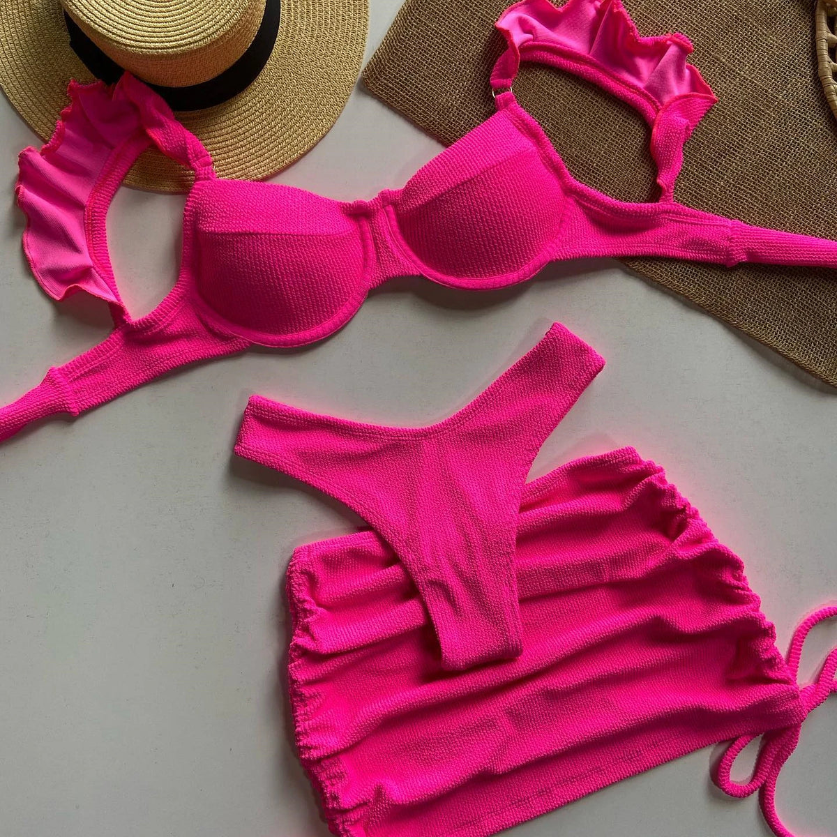 Costume da bagno a vita bassa in tessuto ondulato solido copricostume per donna costume da bagno Push Up con volant a tre pezzi 2023 costumi da bagno da spiaggia