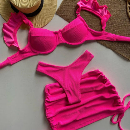 Costume da bagno a vita bassa in tessuto ondulato solido copricostume per donna costume da bagno Push Up con volant a tre pezzi 2023 costumi da bagno da spiaggia