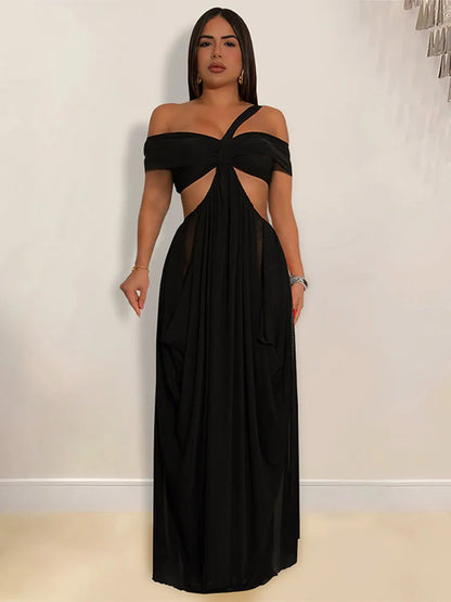 Abito lungo da spiaggia sexy da donna scava fuori senza schienale piega una linea abiti femminili 2025 moda estiva chic abiti a vita alta solidi