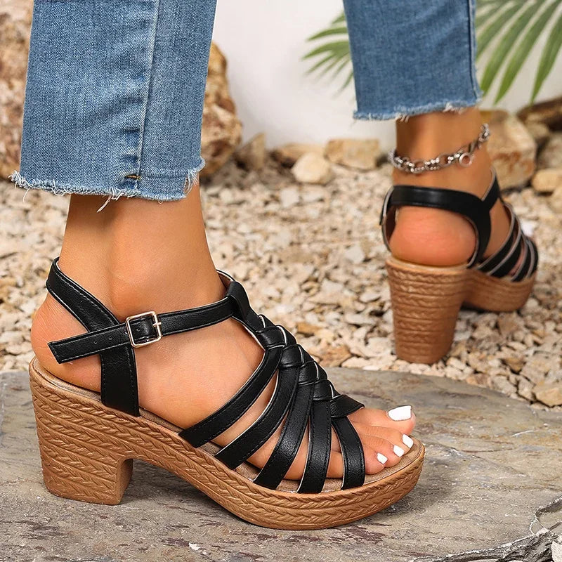 Cinturini in tessuto moda Sandali con tacco grosso Donna Estate Fibbia alla caviglia Scarpe con tacco alto Roma Donna Sandali con plateau open toe 36-42