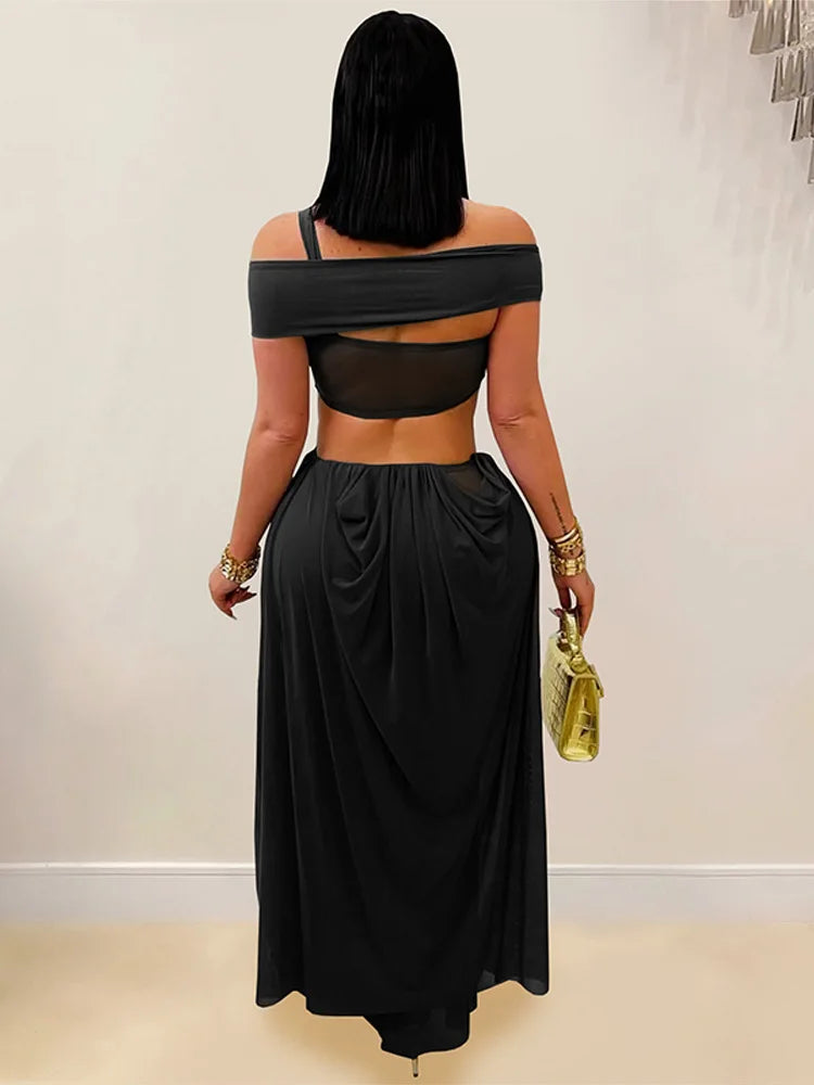 Abito lungo da spiaggia sexy da donna scava fuori senza schienale piega una linea abiti femminili 2025 moda estiva chic abiti a vita alta solidi